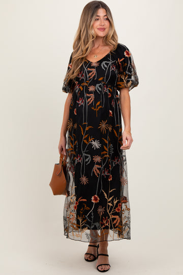 Black Embroidered Floral Mesh Overlay Maternity Midi Dress