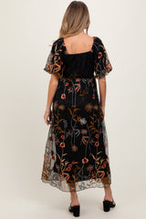 Black Embroidered Floral Mesh Overlay Maternity Midi Dress