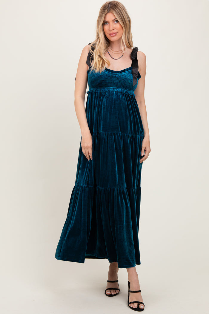 Deep Teal Velvet Smocked Satin Shoulder Tie Maxi Dress