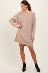 Beige Turtleneck Colorblock Contrast Trim Sweater Dress