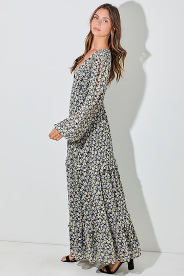 Black Floral Chiffon V-Neck Ruffle Tiered Maxi Dress