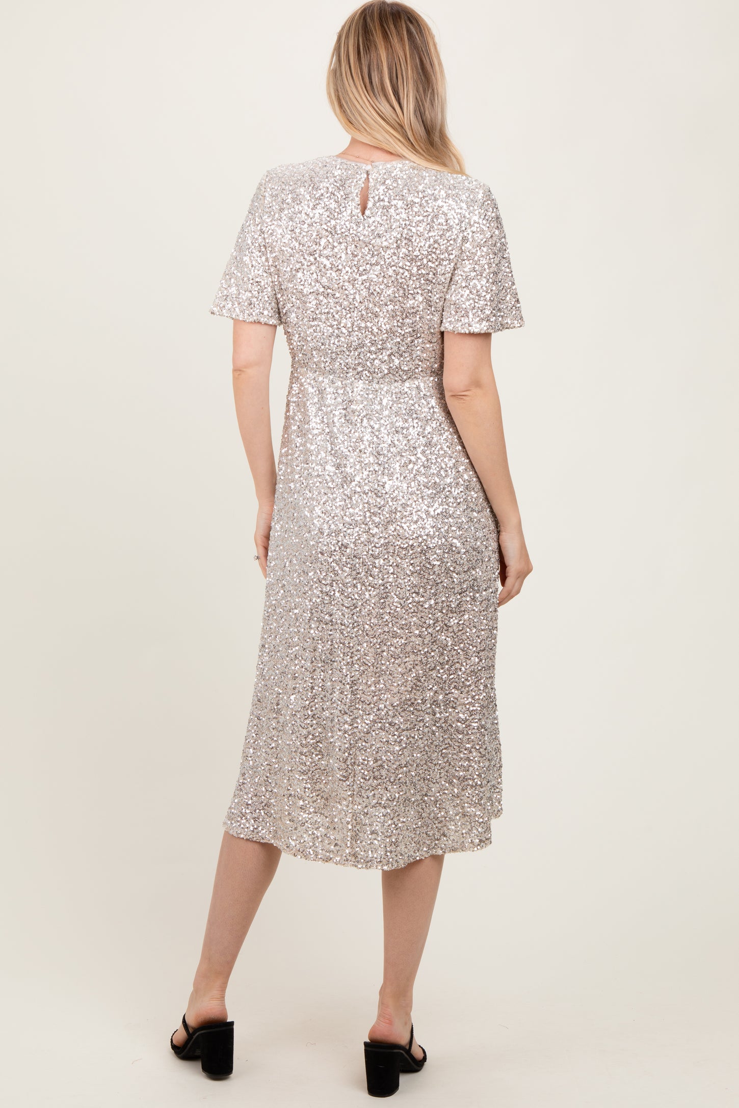 Gold Sequin Short Sleeve Midi Dress