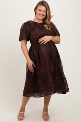 Brown Floral Embroidered Mesh Overlay Smocked Maternity Plus Midi Dress