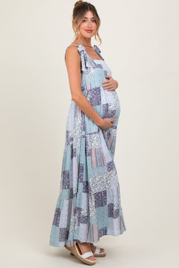 Blue Patchwork Print Shoulder Tie Tiered Maternity Maxi Dress