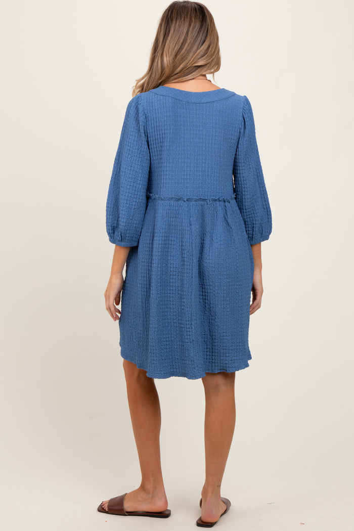 Blue Knit Ruffle Trim Maternity Dress