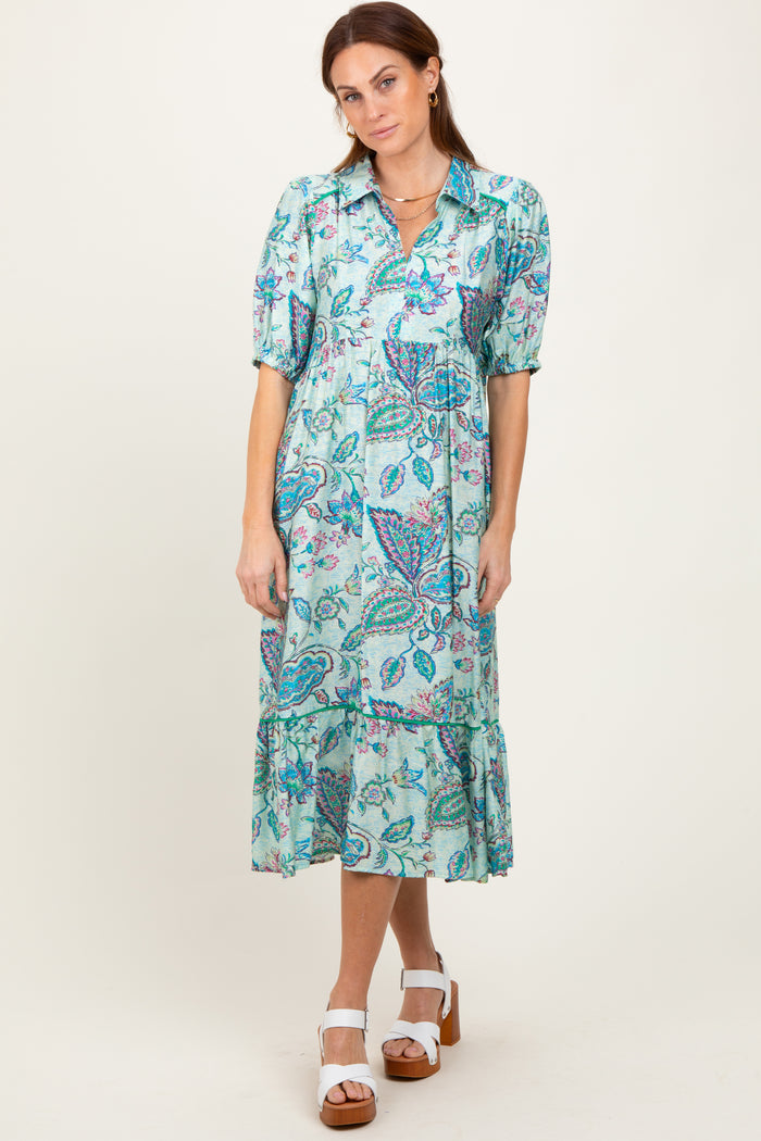 Aqua Paisley Collared Ruffle Hem Maternity Midi Dress