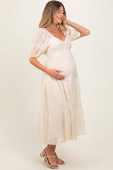 Ivory Embroidered Floral Overlay Maternity Midi Dress