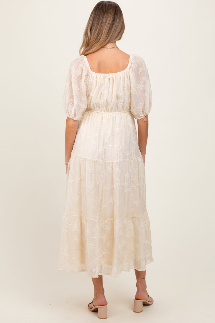 Ivory Embroidered Floral Overlay Maternity Midi Dress