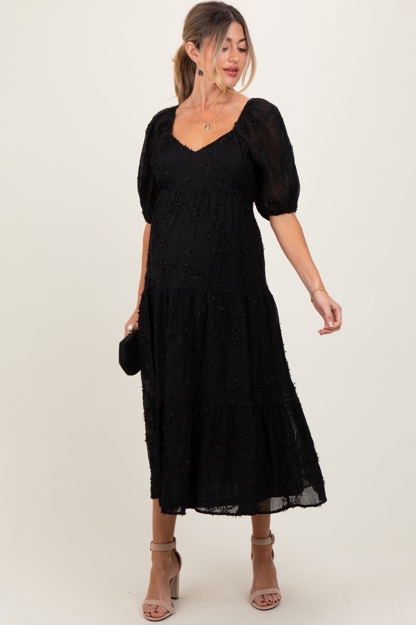 Black Embroidered Floral Overlay Maternity Midi Dress
