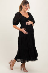 Black Embroidered Floral Overlay Maternity Midi Dress