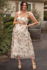 Cream Floral Smocked Shoulder Tie Ruffled Maternity Midi Dress