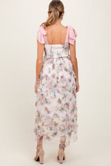 Cream Floral Smocked Shoulder Tie Ruffled Maternity Midi Dress