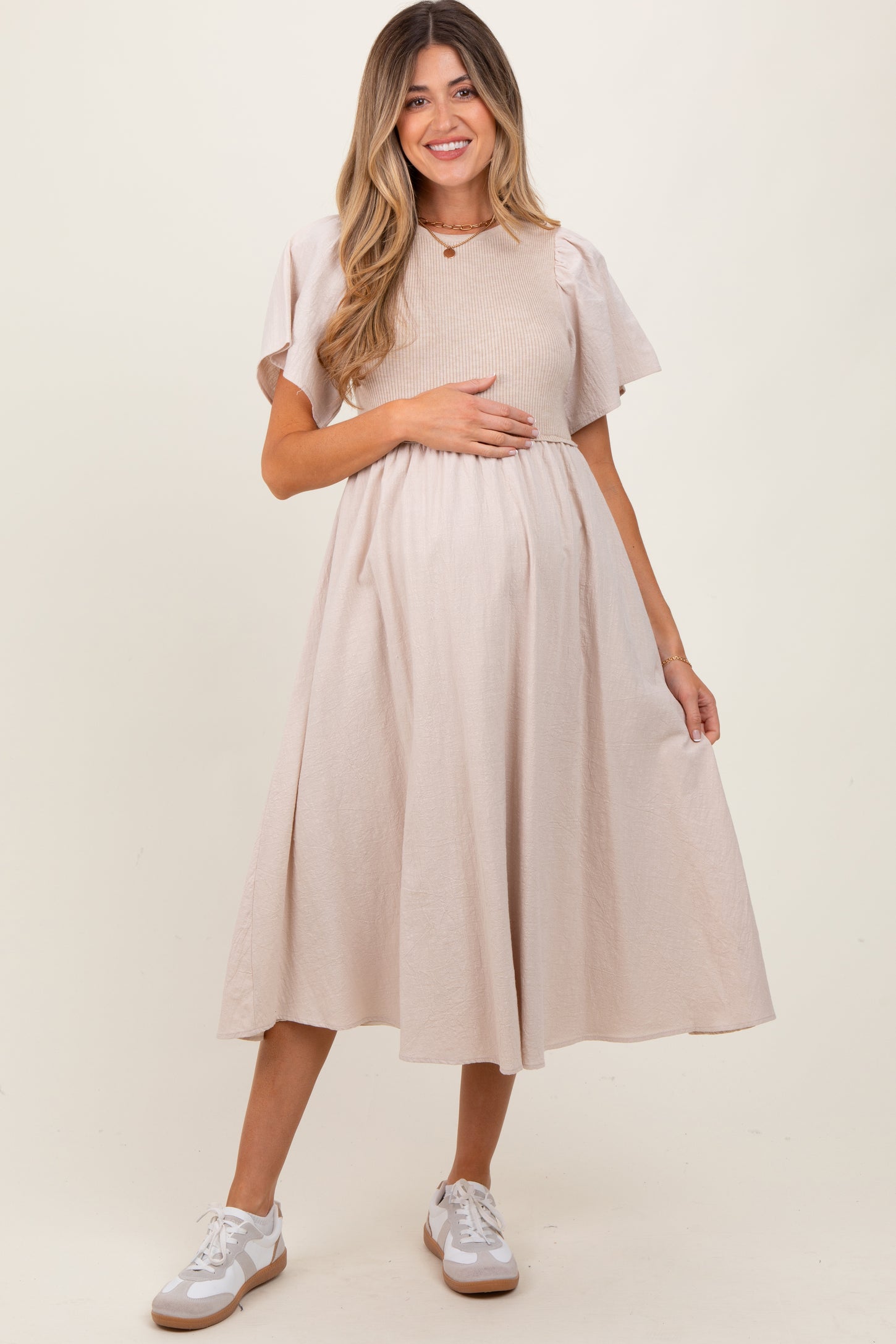 Beige Ribbed Knit Contrast Top Maternity Midi Dress