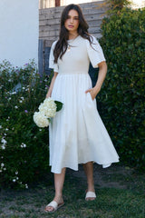 Ivory Ribbed Knit Contrast Top Maternity Midi Dress