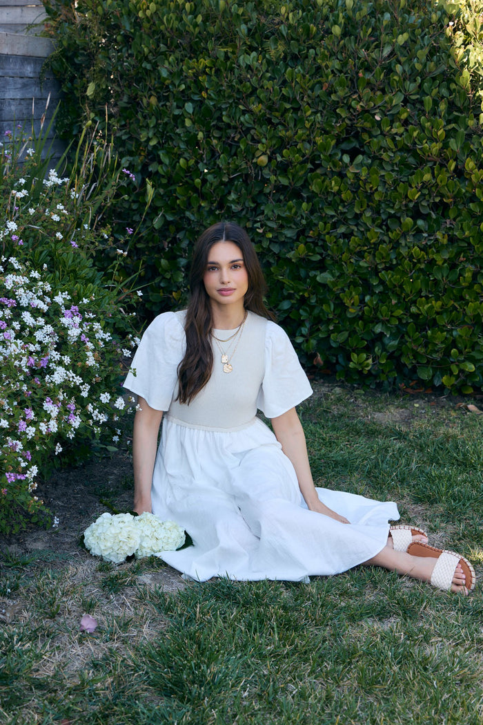 Ivory Ribbed Knit Contrast Top Midi Dress