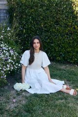 Ivory Ribbed Knit Contrast Top Midi Dress