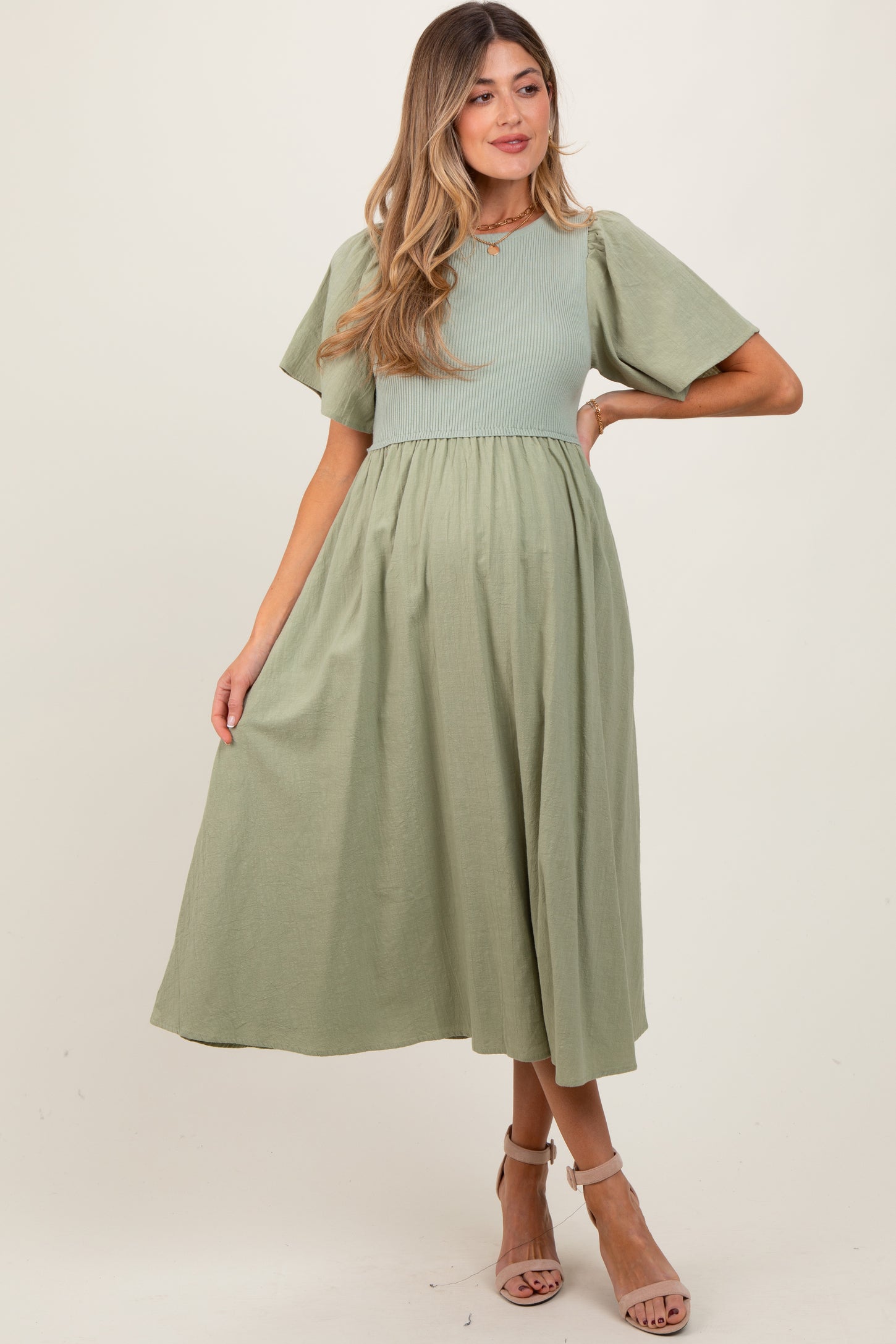 Light Olive Ribbed Knit Contrast Top Maternity Midi Dress
