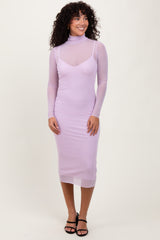 Lavender Mesh Overlay Fitted Midi Dress