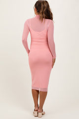 Coral Mesh Overlay Fitted Maternity Midi Dress