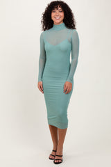 Light Olive Mesh Overlay Fitted Maternity Midi Dress