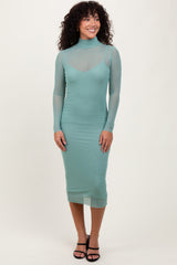 Light Olive Mesh Overlay Fitted Midi Dress