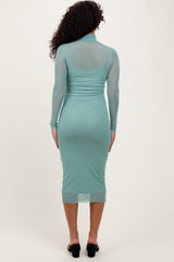 Light Olive Mesh Overlay Fitted Midi Dress