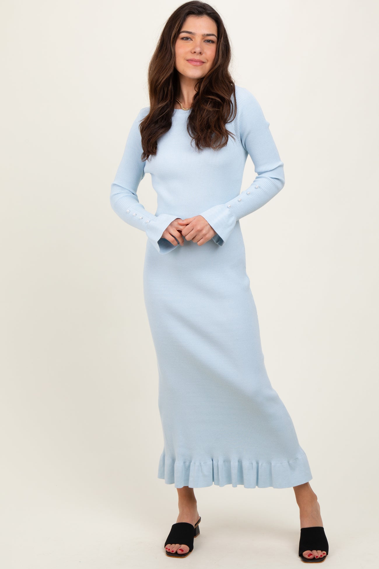 Light Blue Ribbed Knit Bow Back Maternity Maxi Dress