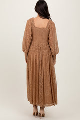 Camel Lace Smocked Bubble Sleeve Maxi Dress