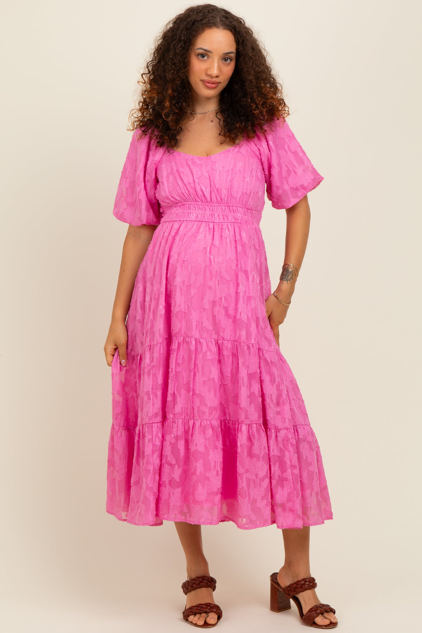 Pink Textured Floral Short Sleeve Maternity  Midi Dress