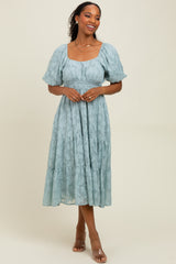 Light Blue Textured Floral Short Sleeve Maternity Midi Dress