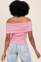Light Pink Striped Off The Shoulder Sweater Top