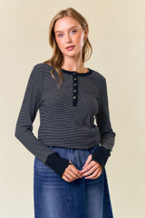 Black Striped Snap Button Henley Top