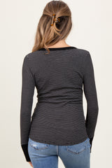 Black Striped Snap Button Henley Maternity Top