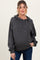 woman wearing a dark gray maternity hoodie with a relaxed fit and visible baby bump