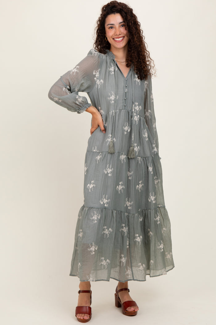 Gray Embroidered Tassel Tie Tiered Midi Dress