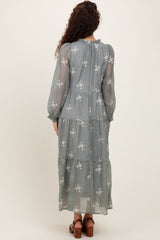 Gray Embroidered Tassel Tie Tiered Midi Dress