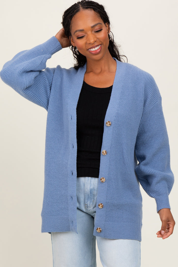 Blue Knit Oversized Button Down V-Neck Cardigan