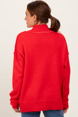 Red Mock Neck Contrast Seam Sweater