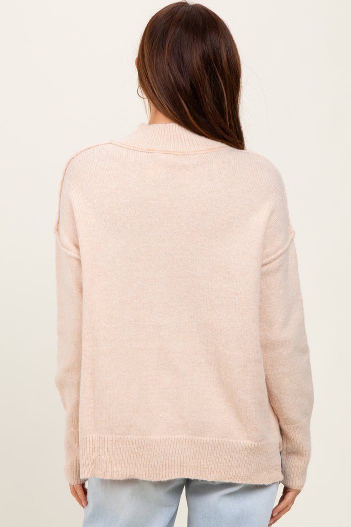 Cream Mock Neck Contrast Seam Sweater