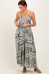 Light Olive Geometric Print Sash Tie Maxi Dress