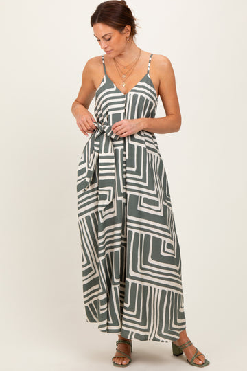 Light Olive Geometric Print Sash Tie Maxi Dress