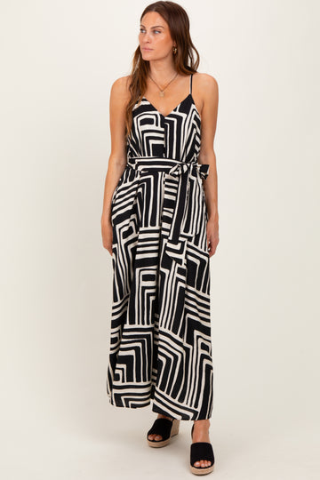 Black Geometric Print Sash Tie Maxi Dress