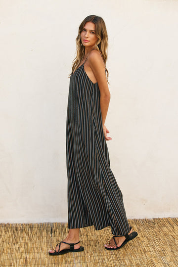 Black Striped Wide Leg Sleeveless Jumpsuit