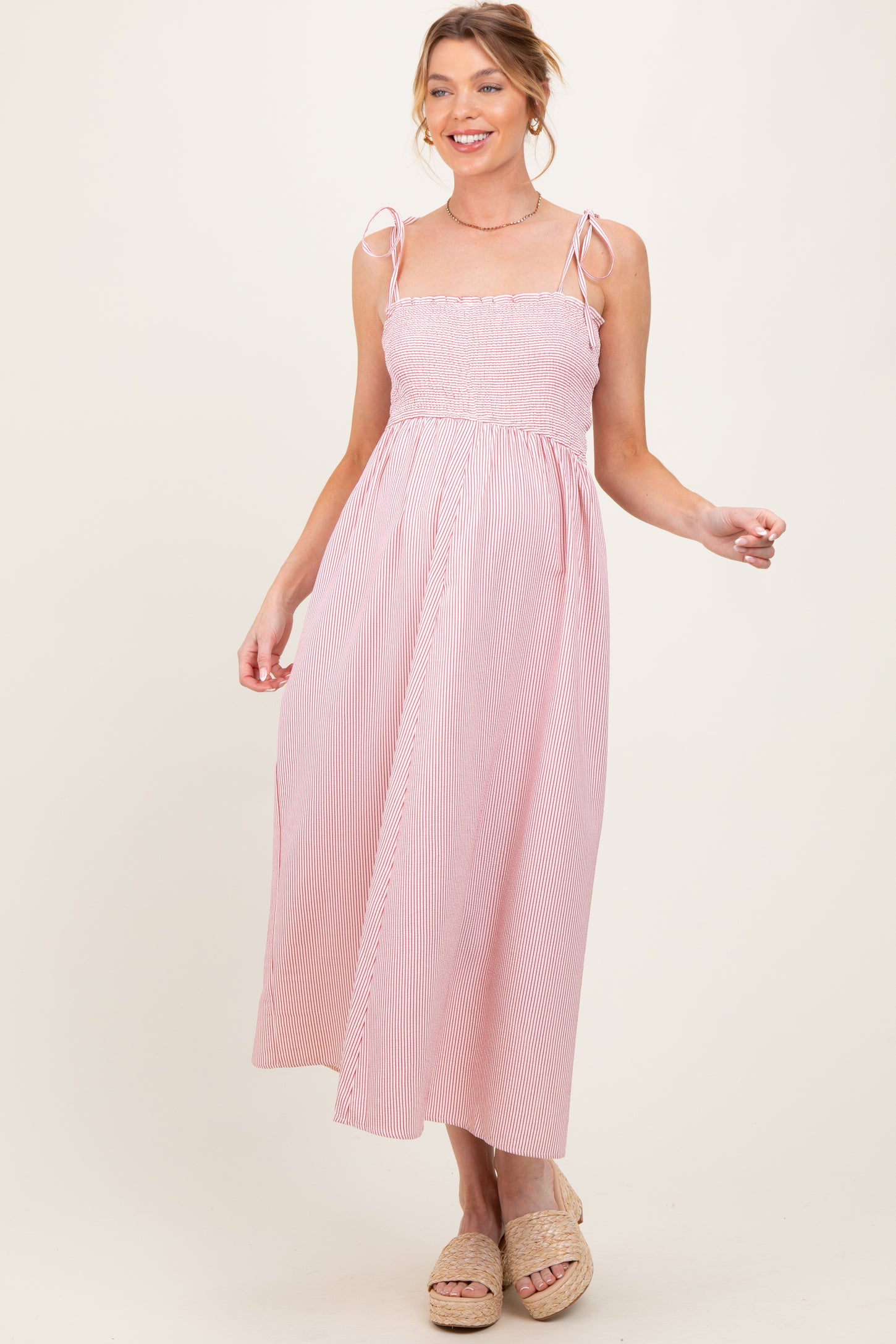 Red Striped Shoulder Tie Smocked Maternity Maxi Dress