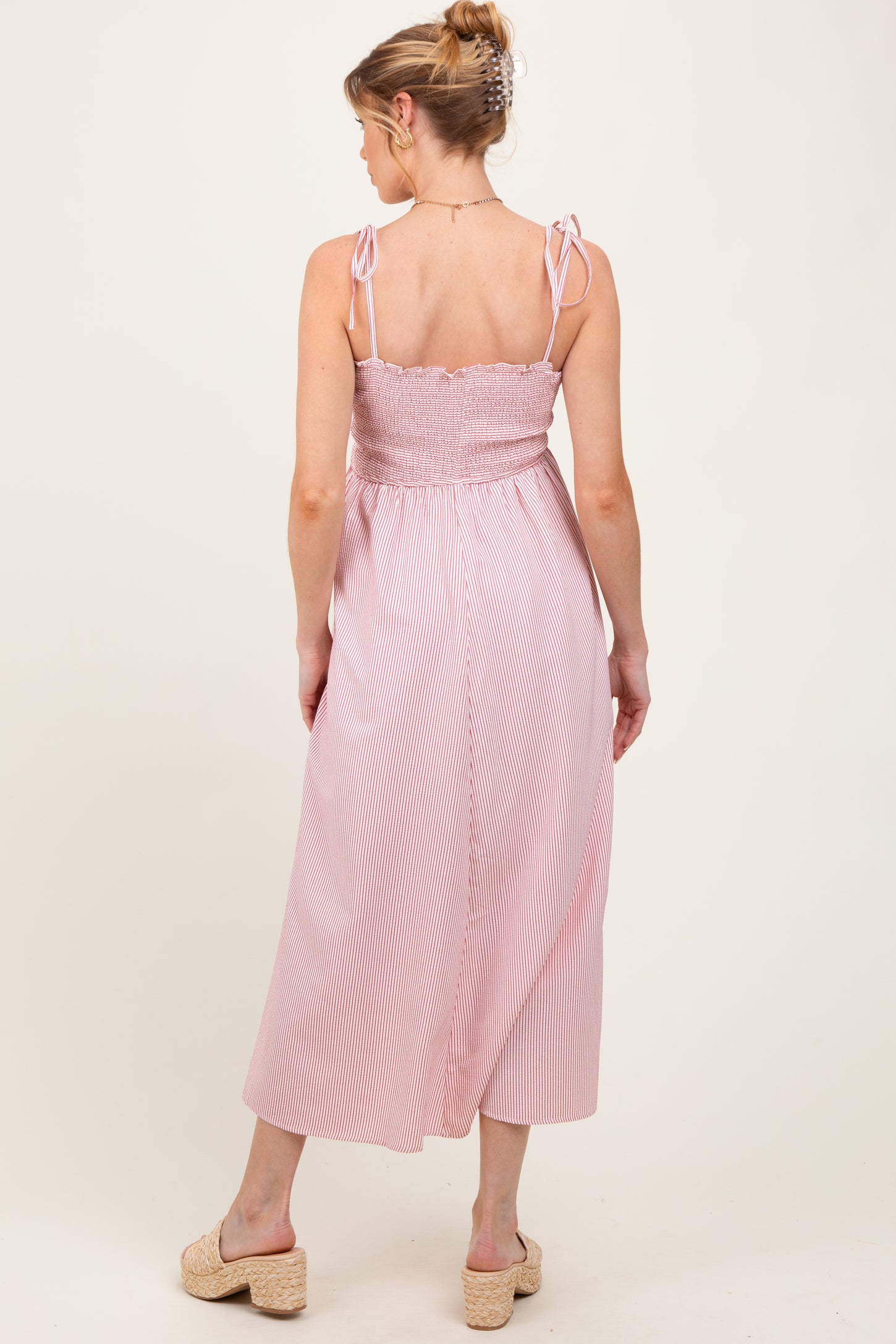Red Striped Shoulder Tie Smocked Maternity Maxi Dress