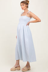 Blue Striped Shoulder Tie Smocked Maternity Maxi Dress