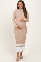 Beige Colorblock Hem Mock Neck Maternity Sweater Dress