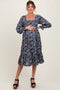 Blue Rose Smocked Velvet Bow Tie Maternity Midi Dress