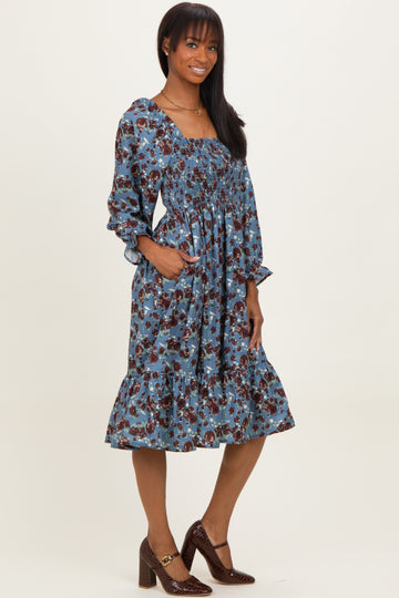 Blue Rose Smocked Velvet Bow Tie Midi Dress