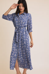Blue Floral Button Down 3/4 Sleeve Maxi Dress